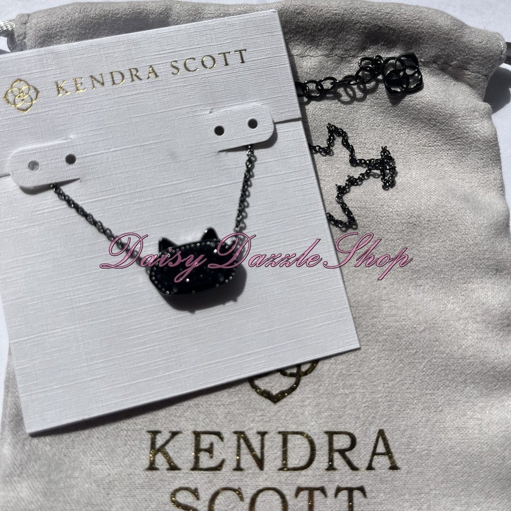 🖤✨Kendra Scott Elisa Cat Pendant Necklace Black Drusy Gunmetal New 🐈⬛ - Picture 2 of 6